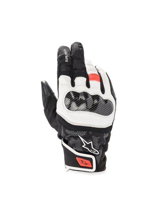 Alpinestars SMX Z Drystar® Gloves, waterproof sport riding gloves in Black White Red Fluo with hard knuckle protection.