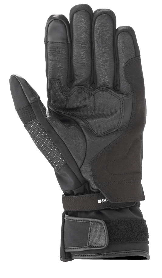 Alpinestars Andes V3 Drystar® Glove, Black Motorcycle Glove, Palm view featuring goat leather and textile construction, reinforced palm area, adjustable wrist strap with velcro cuff, technical all-weather touring design