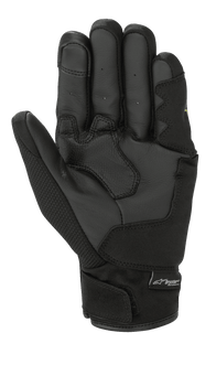 Alpinestars S-Max Drystar® Gloves, Black, palm view featuring reinforced leather panels, textile thumb, and hook-and-loop wrist closure with a Drystar® Performance logo tab.