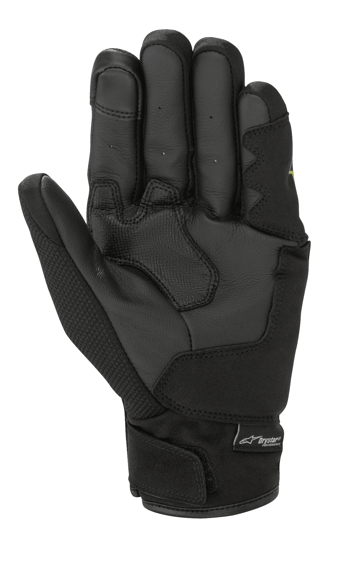 Alpinestars S-Max Drystar® Gloves, Black, palm view featuring reinforced leather panels, textile thumb, and hook-and-loop wrist closure with a Drystar® Performance logo tab.
