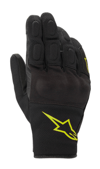 Alpinestars S-Max Drystar Gloves, Motorcycle Sport Gloves, Black with Fluorescent Yellow Logo, short cuff design featuring covered hard knuckle protection and stretch mesh panels, waterproof and breathable construction for road riding