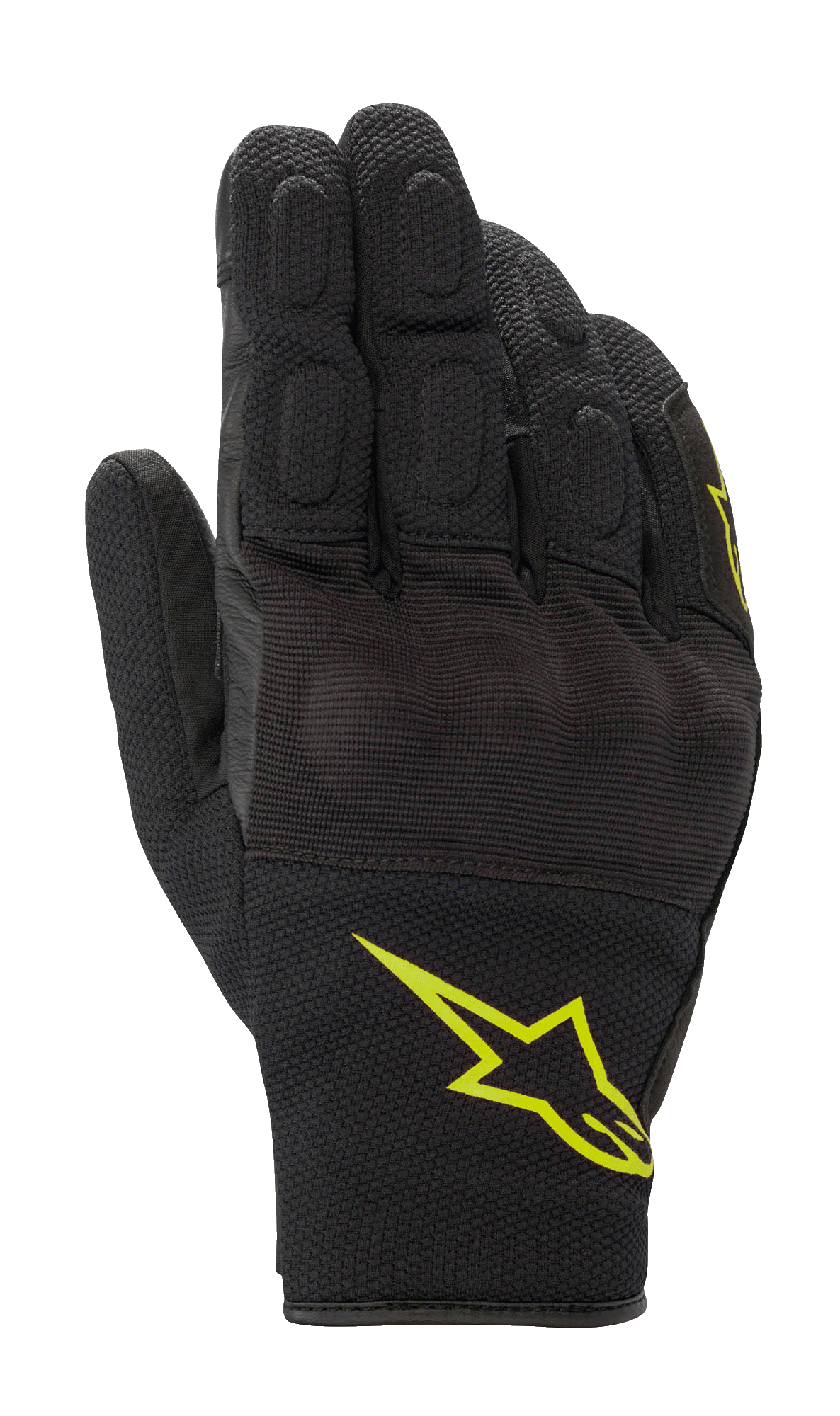 Alpinestars S-Max Drystar Gloves, Motorcycle Sport Gloves, Black with Fluorescent Yellow Logo, short cuff design featuring covered hard knuckle protection and stretch mesh panels, waterproof and breathable construction for road riding