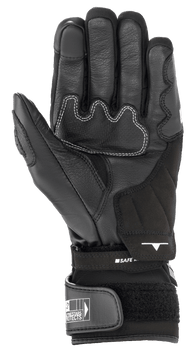 Alpinestars SP-365 Drystar® Gloves, Black motorcycle glove palm view, featuring reinforced leather construction with white contrast stitching, adjustable hook-and-loop cuff closure, and Alpinestars branding, performance all-weather riding gear