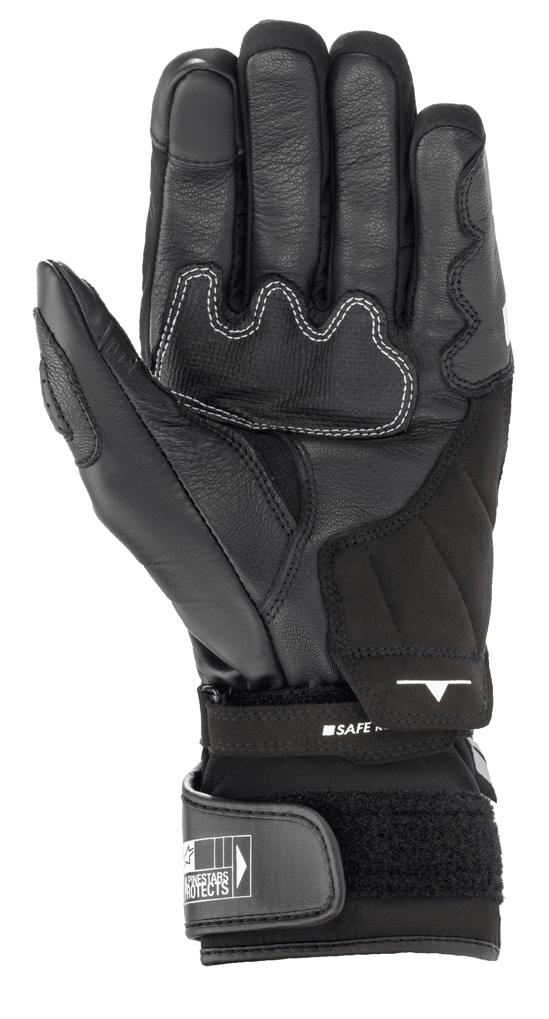 Alpinestars SP-365 Drystar® Gloves, Black motorcycle glove palm view, featuring reinforced leather construction with white contrast stitching, adjustable hook-and-loop cuff closure, and Alpinestars branding, performance all-weather riding gear
