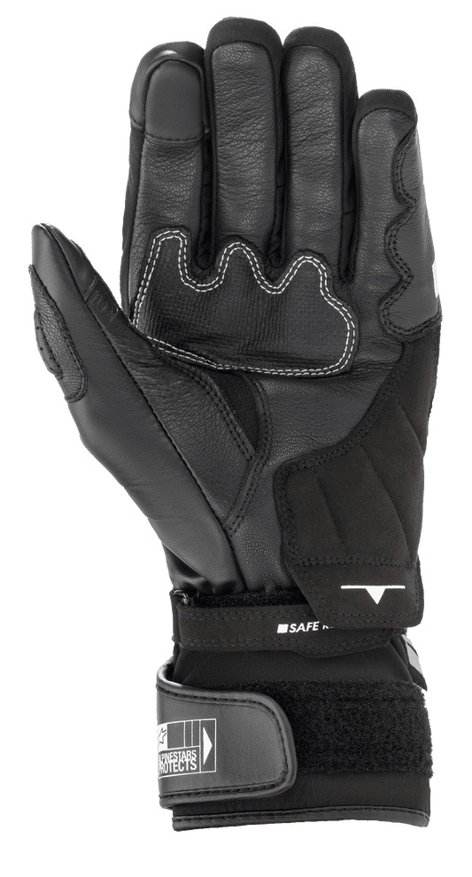 Alpinestars SP-365 Drystar® Gloves, Black motorcycle glove palm view, featuring reinforced leather construction with white contrast stitching, adjustable hook-and-loop cuff closure, and Alpinestars branding, performance all-weather riding gear
