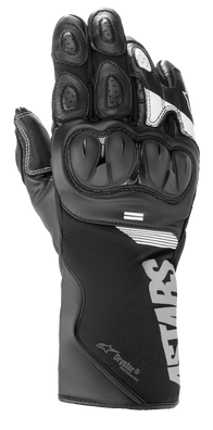 Alpinestars SP-365 Drystar® Gloves, Motorcycle Sport-Road Gloves, Black with White and Silver Accents, hard knuckle protection, long cuff with Drystar logo, leather and softshell construction