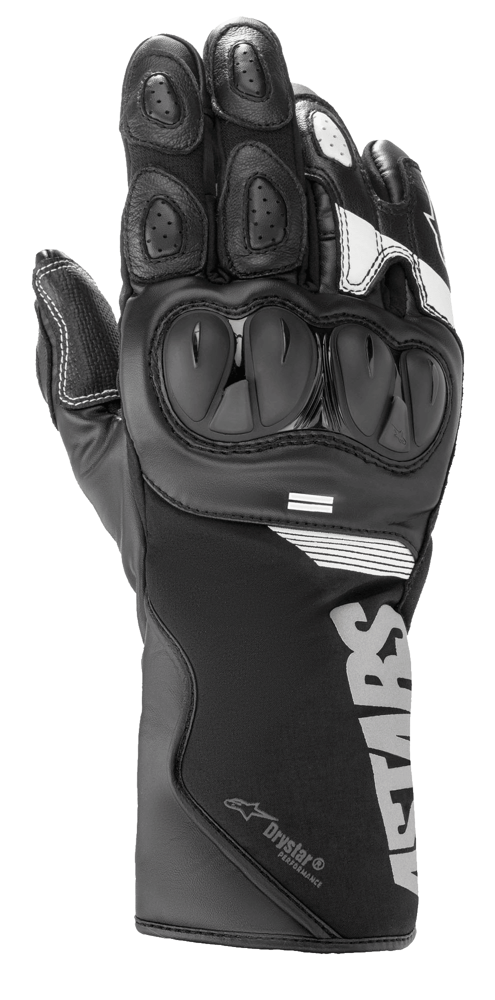 Alpinestars SP-365 Drystar® Gloves, Motorcycle Sport-Road Gloves, Black with White and Silver Accents, hard knuckle protection, long cuff with Drystar logo, leather and softshell construction