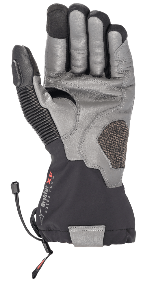 Alpinestars Amt-10 Drystar® XF Winter Gloves, Motorcycle Touring Gloves, Black and Dark Gray, palm view featuring textured goat leather, long waterproof cuff with Drystar XF logo, accordion leather thumb panel, and reinforced palm for adventure and road riding.