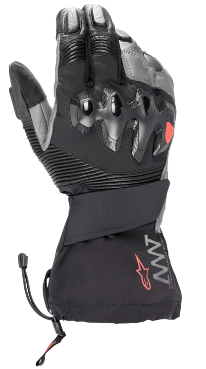 Alpinestars Amt-10 Drystar® XF Winter Gloves, Black and Dark Gray, Long Cuff Motorcycle Winter Gloves, featuring over-injected hard knuckle protection, accordion stretch panels on fingers, AMT branding with a red star logo, and a drawstring cuff closure