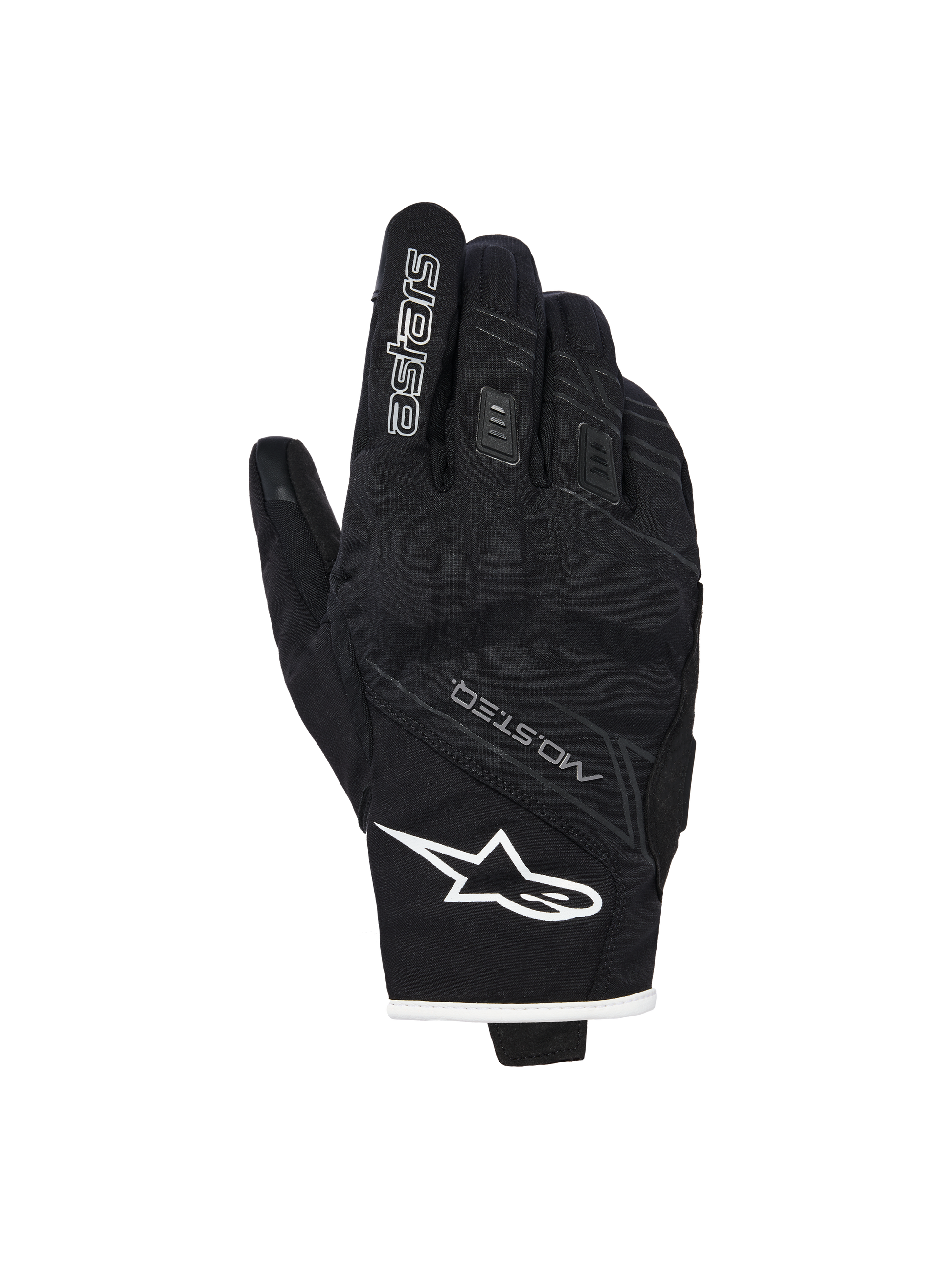 Alpinestars Stella Moblast Waterproof Gloves, Women's Motorcycle Gloves, Black with white trim, backhand view showing Alpinestars logo, MO.ST.EQ branding, and soft knuckle protection.