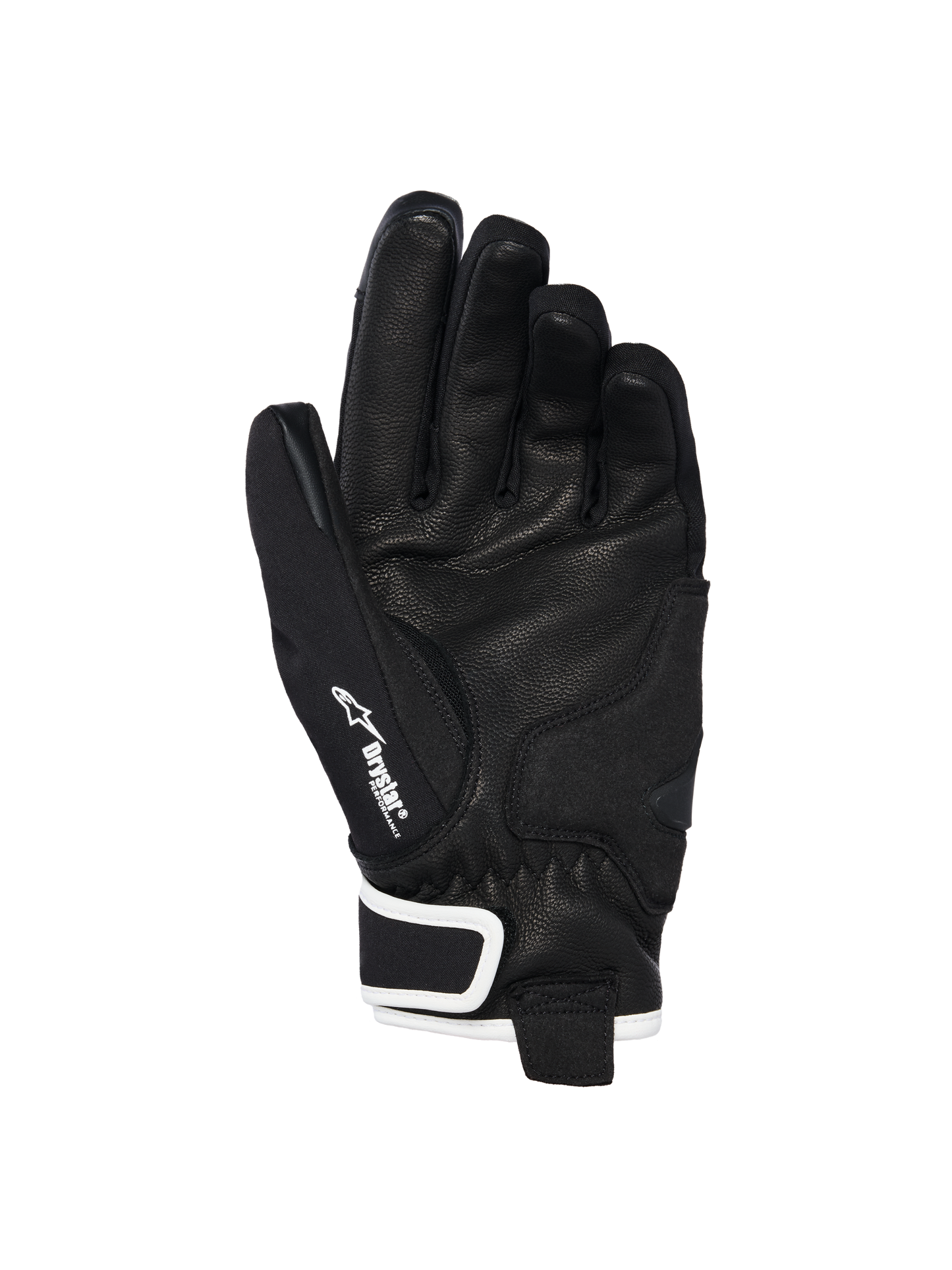 Alpinestars Stella Moblast Waterproof Gloves, palm view, black goat leather with textured grip, white accents and Drystar branding, short-cuff design for urban motorcycle riding