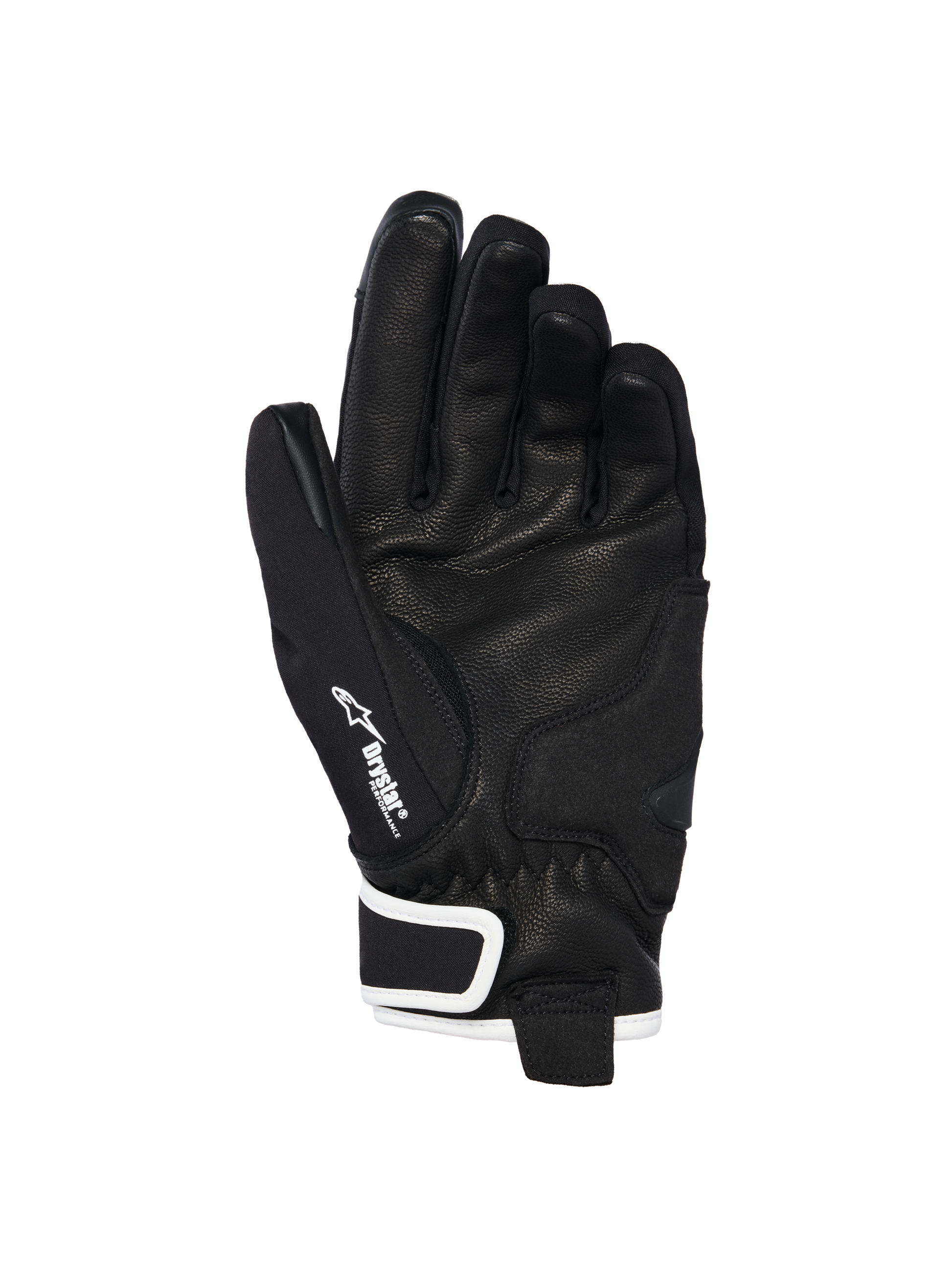 Alpinestars Stella Moblast Waterproof Gloves, palm view, black goat leather with textured grip, white accents and Drystar branding, short-cuff design for urban motorcycle riding