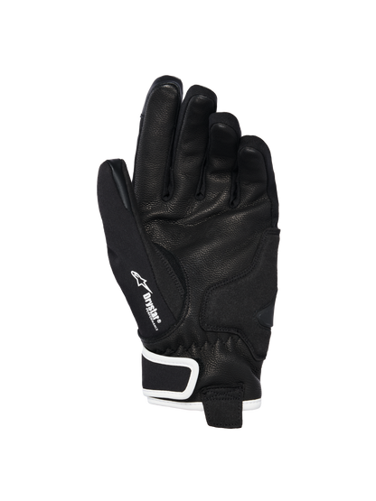 Alpinestars Stella Moblast Waterproof Gloves, palm view, black goat leather with textured grip, white accents and Drystar branding, short-cuff design for urban motorcycle riding