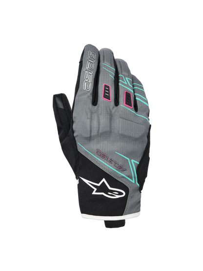 Alpinestars Stella Moblast Waterproof Gloves, Women's Motorcycle Gloves, Fur Gray and Black with Pink and Turquoise Accents, short-cuff design featuring MO.ST.EQ. branding, textile construction with protective knuckle padding and white Alpinestars logo