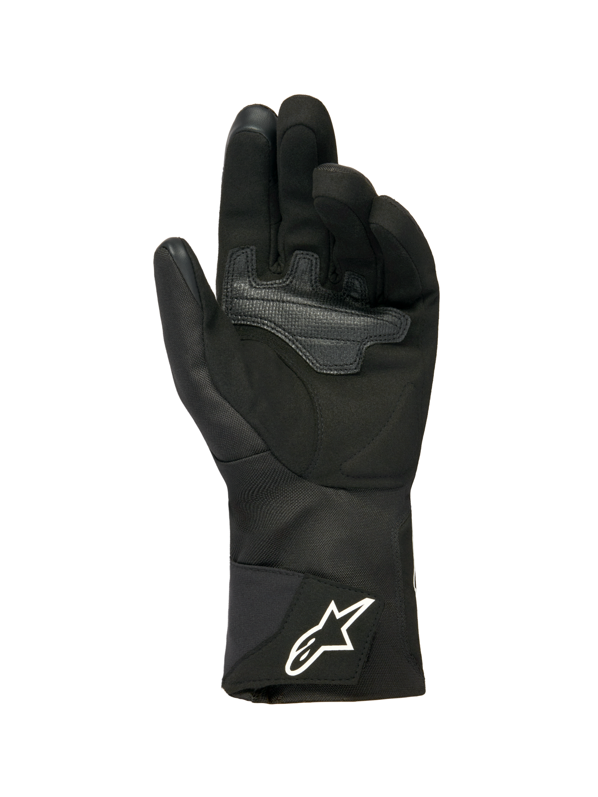 Alpinestars Woman Stella WT-1 Drystar® Insulated Gloves, Black, palm view featuring soft suede with overlay reinforcement for grip, long textile cuff with white Alpinestars logo on the strap, touchscreen compatible fingertips, technical winter motorcycle gear