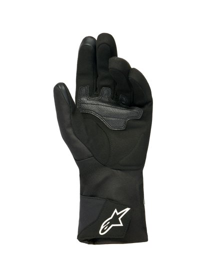 Alpinestars Woman Stella WT-1 Drystar® Insulated Gloves, Black, palm view featuring soft suede with overlay reinforcement for grip, long textile cuff with white Alpinestars logo on the strap, touchscreen compatible fingertips, technical winter motorcycle gear