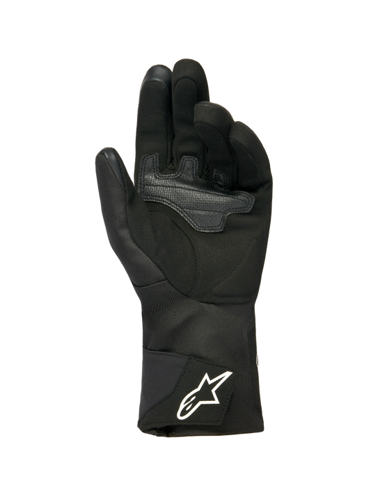 Alpinestars Woman Stella WT-1 Drystar® Insulated Gloves, Black, palm view featuring soft suede with overlay reinforcement for grip, long textile cuff with white Alpinestars logo on the strap, touchscreen compatible fingertips, technical winter motorcycle gear