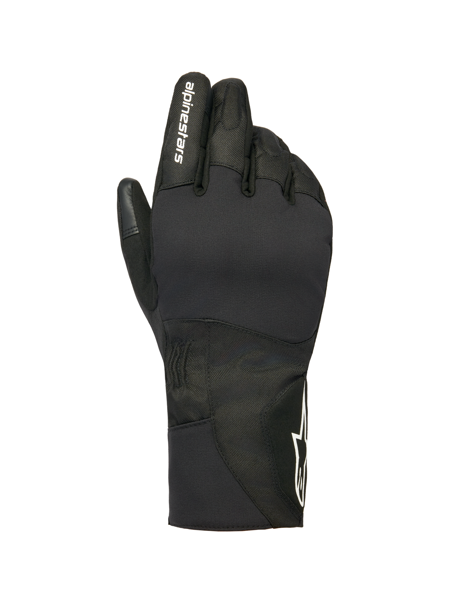 Alpinestars Stella WT-1 Drystar Insulated Gloves, Women's Motorcycle Winter Gloves, Black, white alpinestars branding on the index finger and star logo on the cuff, waterproof textile and suede construction for cold weather commuting