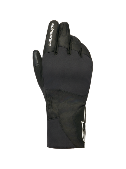 Alpinestars Stella WT-1 Drystar Insulated Gloves, Women's Motorcycle Winter Gloves, Black, white alpinestars branding on the index finger and star logo on the cuff, waterproof textile and suede construction for cold weather commuting