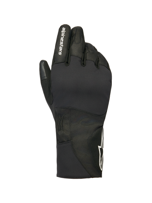 Alpinestars Stella WT-1 Drystar Insulated Gloves, Women's Motorcycle Winter Gloves, Black, white alpinestars branding on the index finger and star logo on the cuff, waterproof textile and suede construction for cold weather commuting