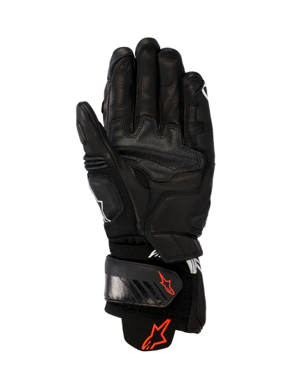 Alpinestars GP Plus R V3 Leather Gloves, Black, palm view showing durable leather construction, red Astars logos on the wrist strap and cuff, reinforced grip panels, and an adjustable closure for racing and sport performance.