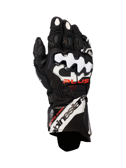 Alpinestars GP Plus R V3 Leather Gloves, Motorcycle Racing Gloves, Black with White and Red accents, featuring white DFS knuckle protectors, perforated leather for breathability, and bold Alpinestars branding on the cuff