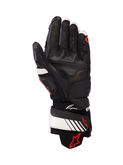 Alpinestars GP Plus R v3 Leather Gloves, Black White and Red Fluo, palm view showing full leather construction with reinforced padding, white wrist strap with red Alpinestars logo, racing-inspired protective gear for motorcycle riders