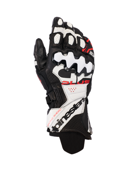 Alpinestars GP Plus R V3 Leather Gloves, Motorcycle Racing Gloves, Black White and Red Fluo, featuring premium leather construction with hard TPU knuckle protection, perforated panels for airflow, and bold branding on the extended cuff