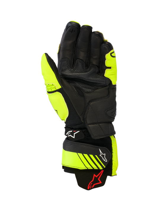 Alpinestars GP Plus R V3 Leather Gloves, Racing and Sport Motorcycle Gloves, Yellow Fluo and Black, palm view showing leather construction, reinforced grip areas, and adjustable cuff straps with Alpinestars branding, high-performance track gear