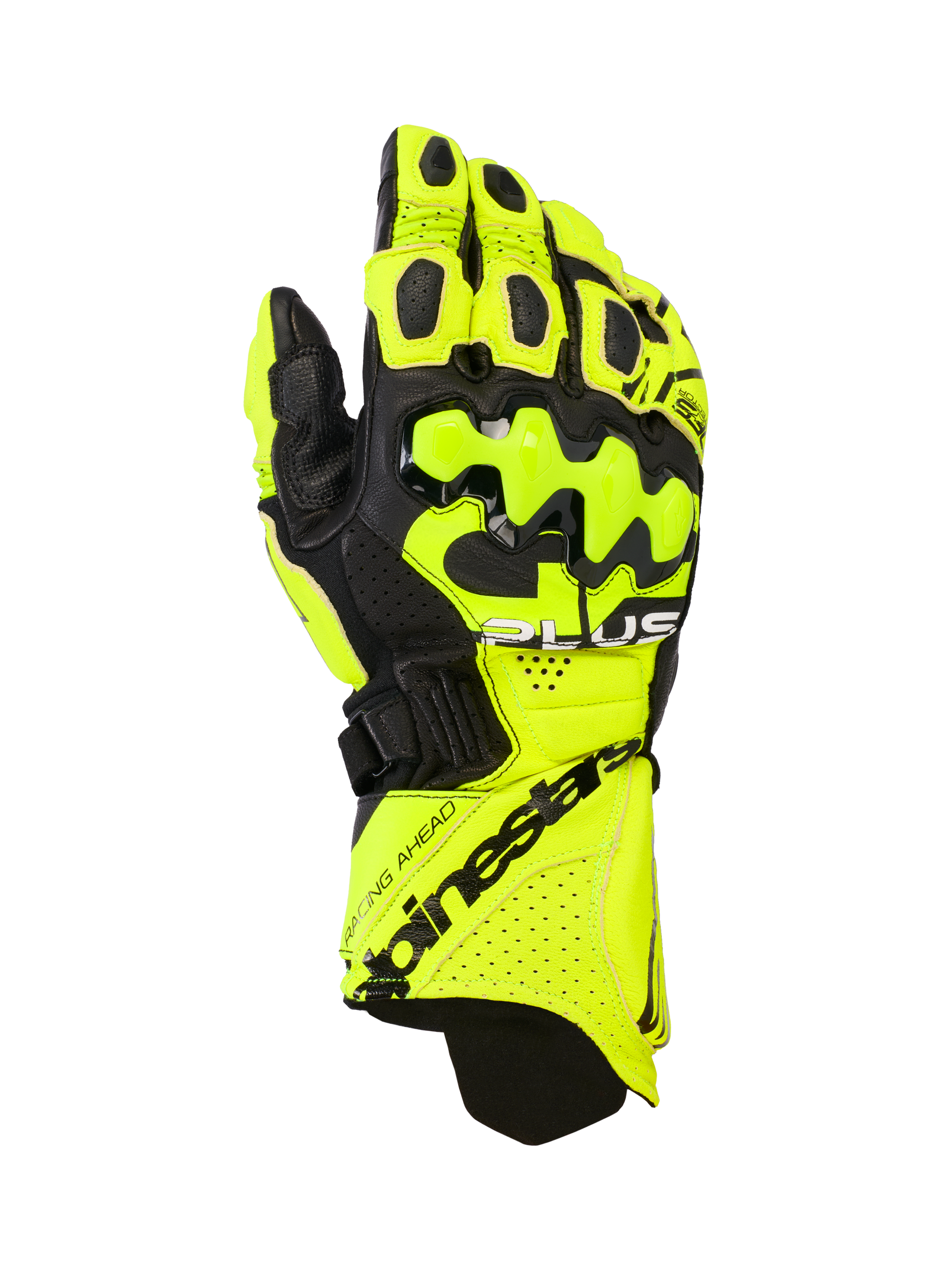 Alpinestars GP Plus R V3 Leather Gloves, Motorcycle Racing Gloves, Yellow Fluo and Black, featuring hard knuckle protectors, perforated ventilation zones, and secure cuff closure with bold branding.