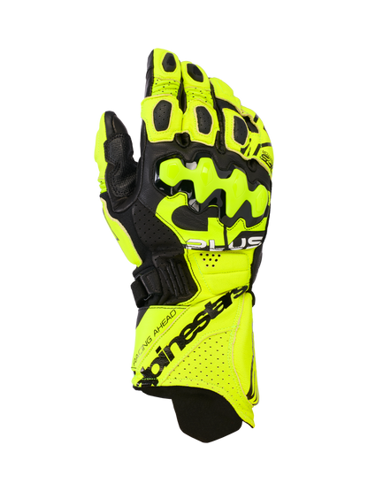 Alpinestars GP Plus R V3 Leather Gloves, Motorcycle Racing Gloves, Yellow Fluo and Black, featuring hard knuckle protectors, perforated ventilation zones, and secure cuff closure with bold branding.