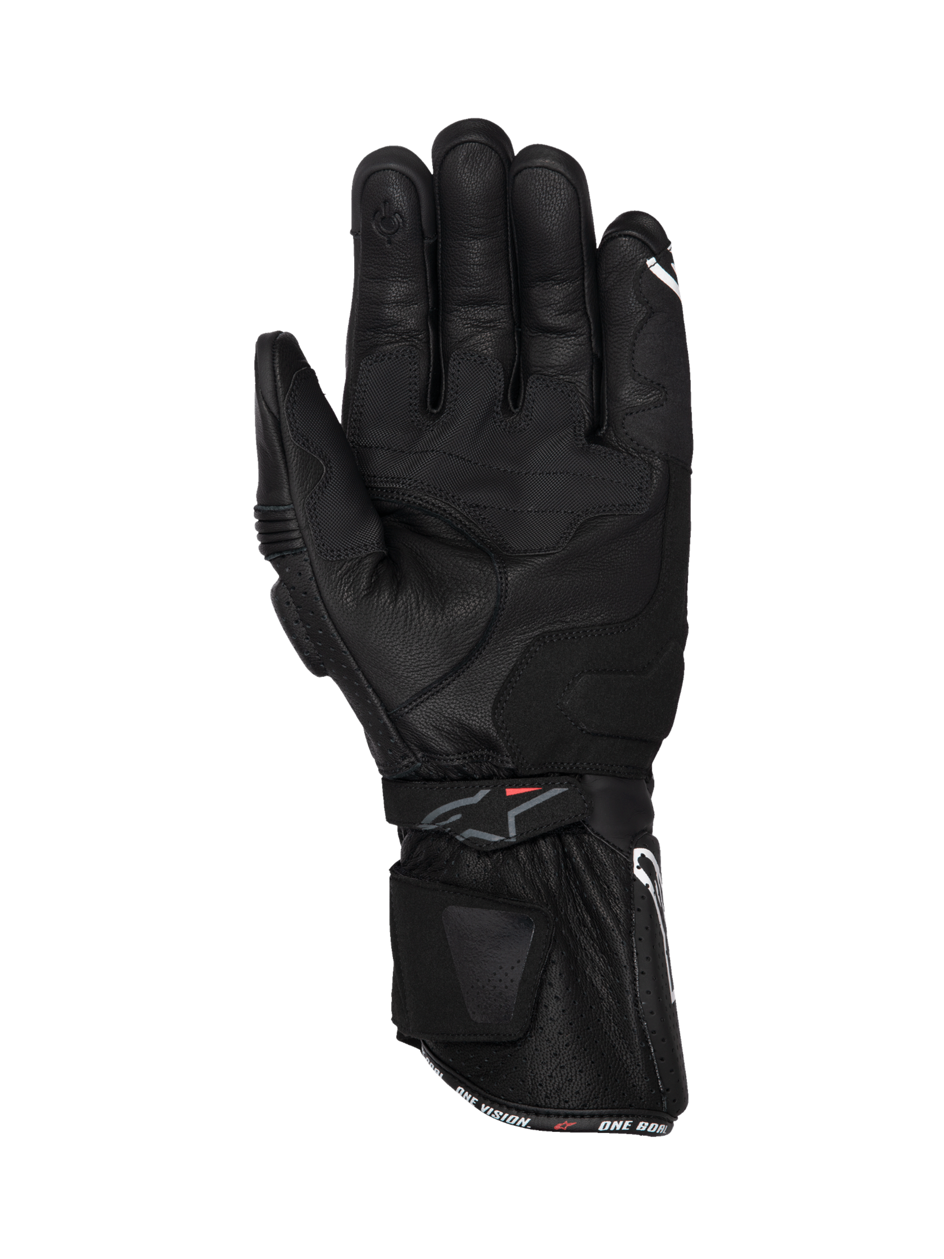 Alpinestars SP-3 black leather motorcycle racing gloves, palm view with long cuff and reinforced grip for road riding.