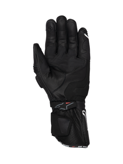 Alpinestars SP-3 black leather motorcycle racing gloves, palm view with long cuff and reinforced grip for road riding.