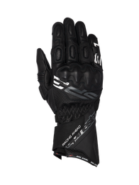 Alpinestars SP-3 black goat leather motorcycle racing gloves with a long cuff and integrated knuckle protection.
