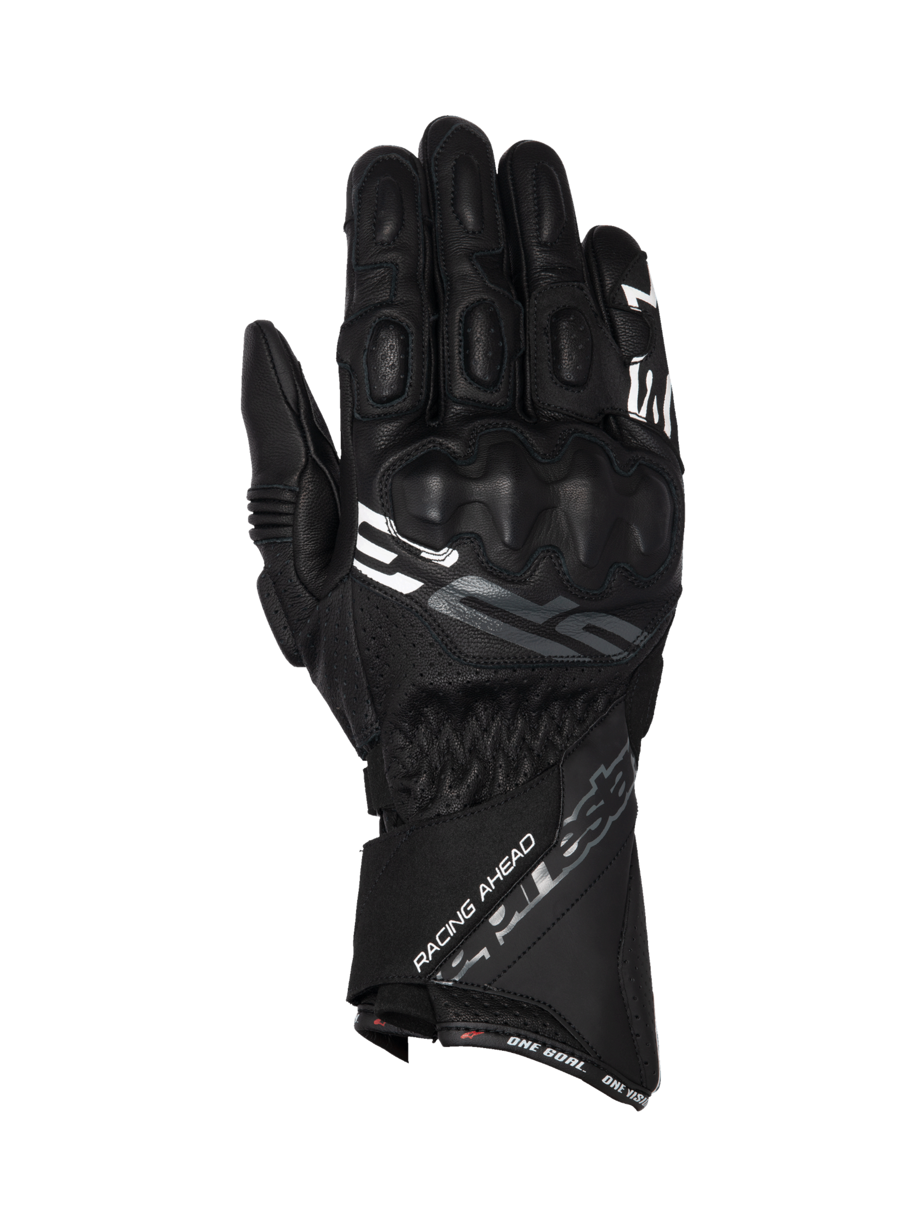 Alpinestars SP-3 black goat leather motorcycle racing gloves with a long cuff and integrated knuckle protection.
