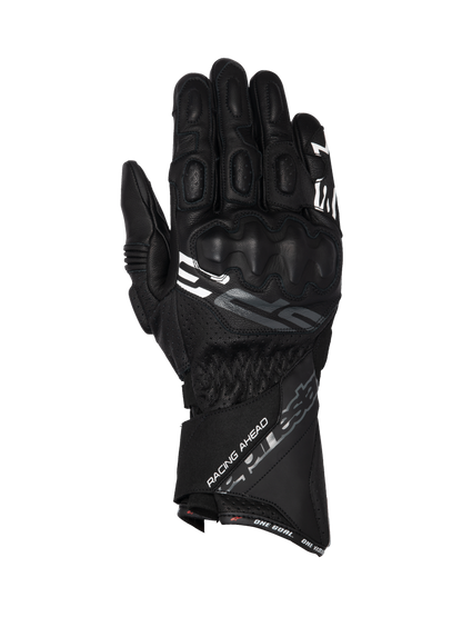 Alpinestars SP-3 black goat leather motorcycle racing gloves with a long cuff and integrated knuckle protection.