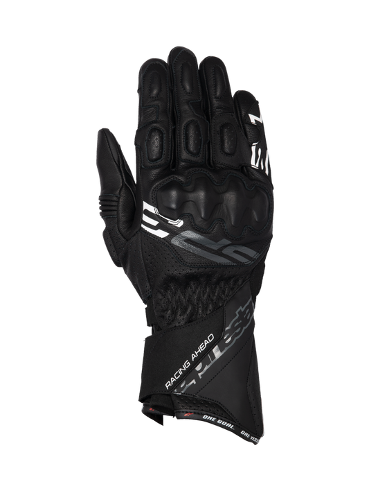 Alpinestars SP-3 black goat leather motorcycle racing gloves with a long cuff and integrated knuckle protection.
