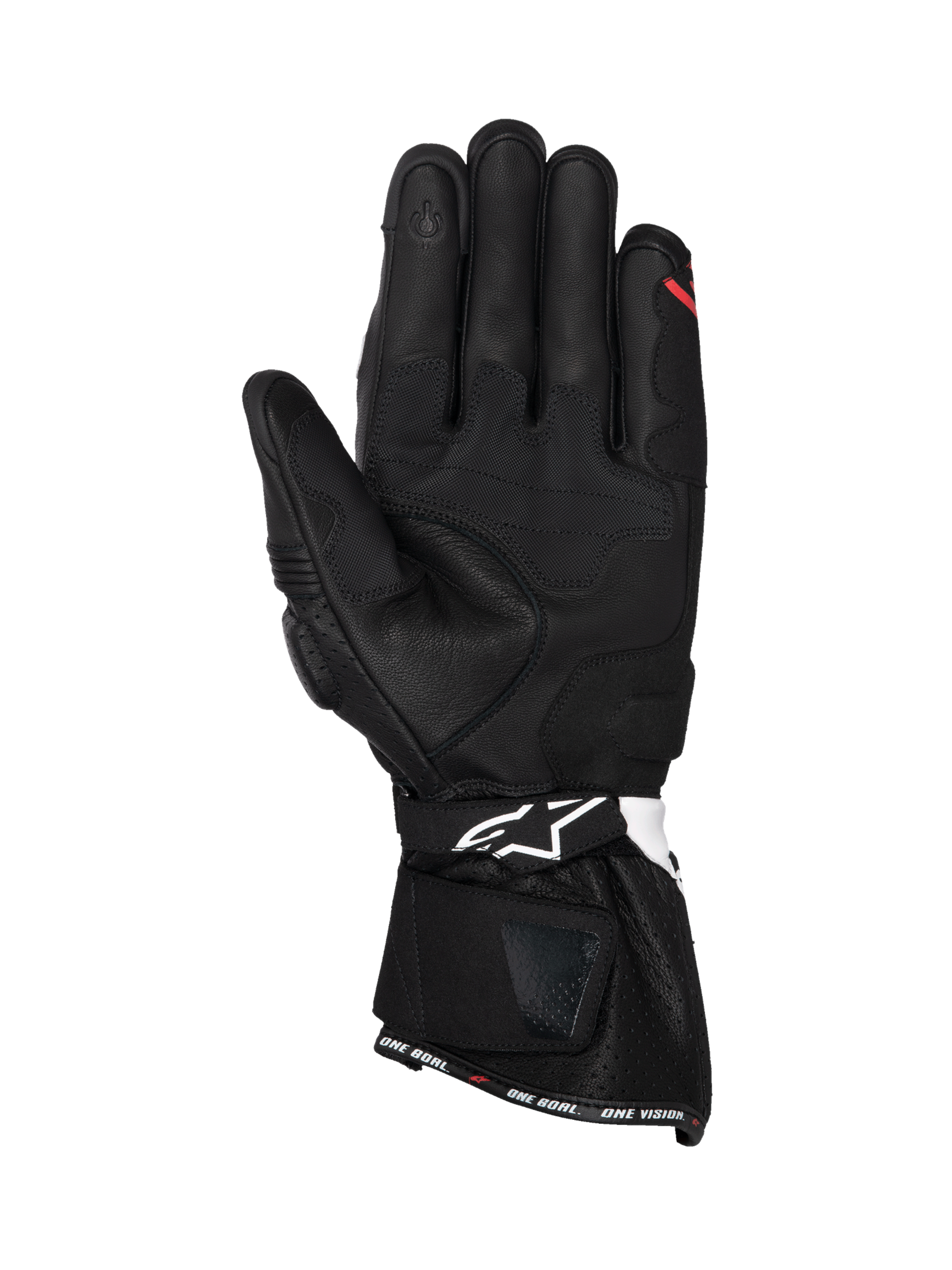 Alpinestars SP-3 Men's Racing Gloves, Black leather palm view with white and red accents and touchscreen compatible tip.