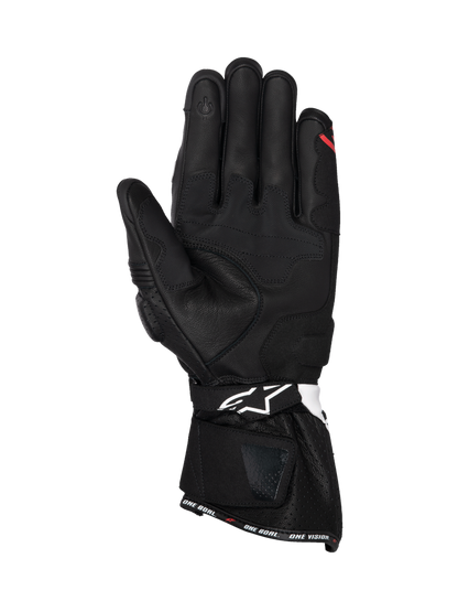 Alpinestars SP-3 Men's Racing Gloves, Black leather palm view with white and red accents and touchscreen compatible tip.