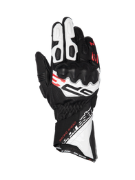Alpinestars SP-3 long cuff road racing gloves, black, white, and red leather with CE certified knuckle protection.