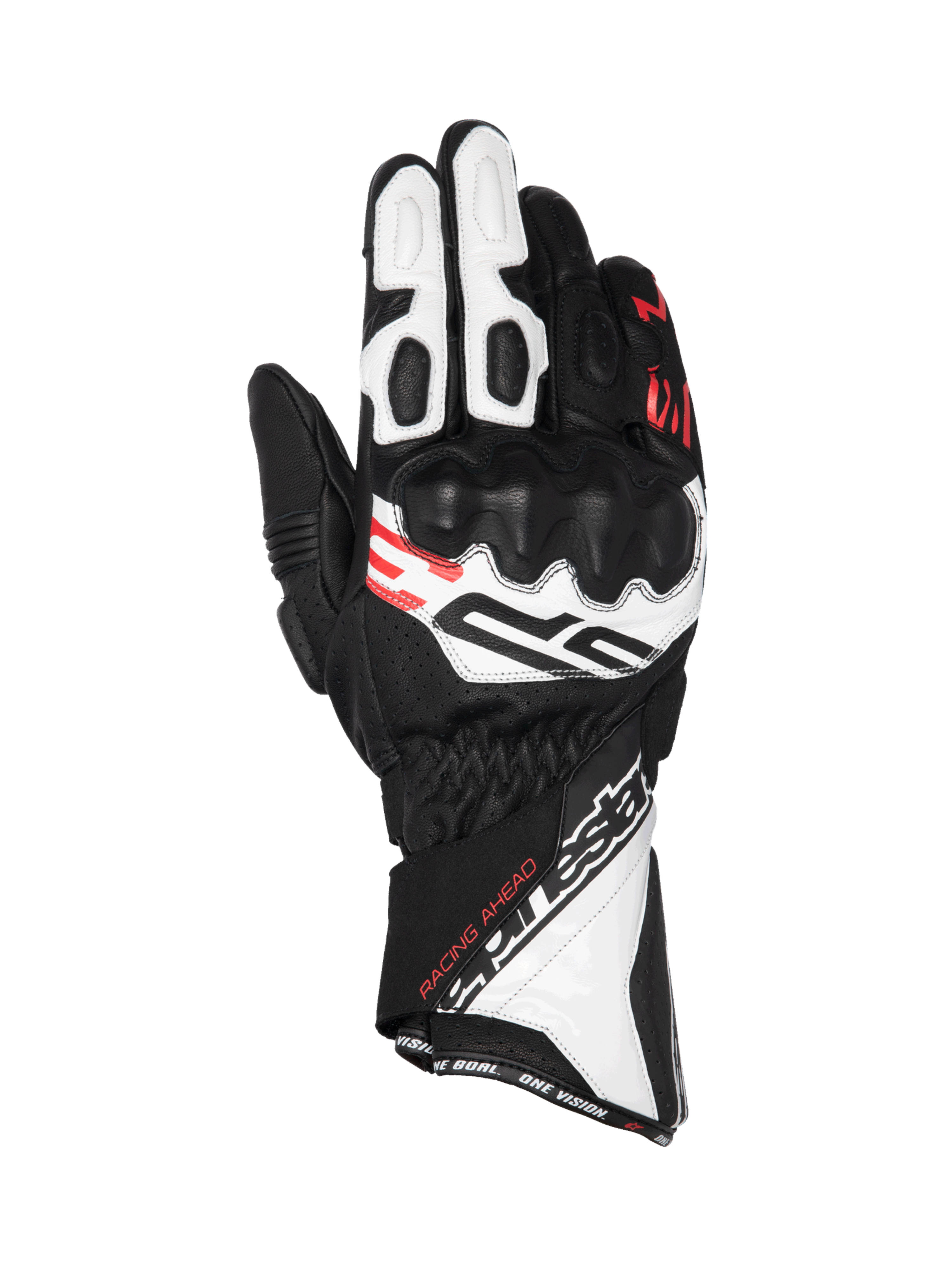 Alpinestars SP-3 long cuff road racing gloves, black, white, and red leather with CE certified knuckle protection.