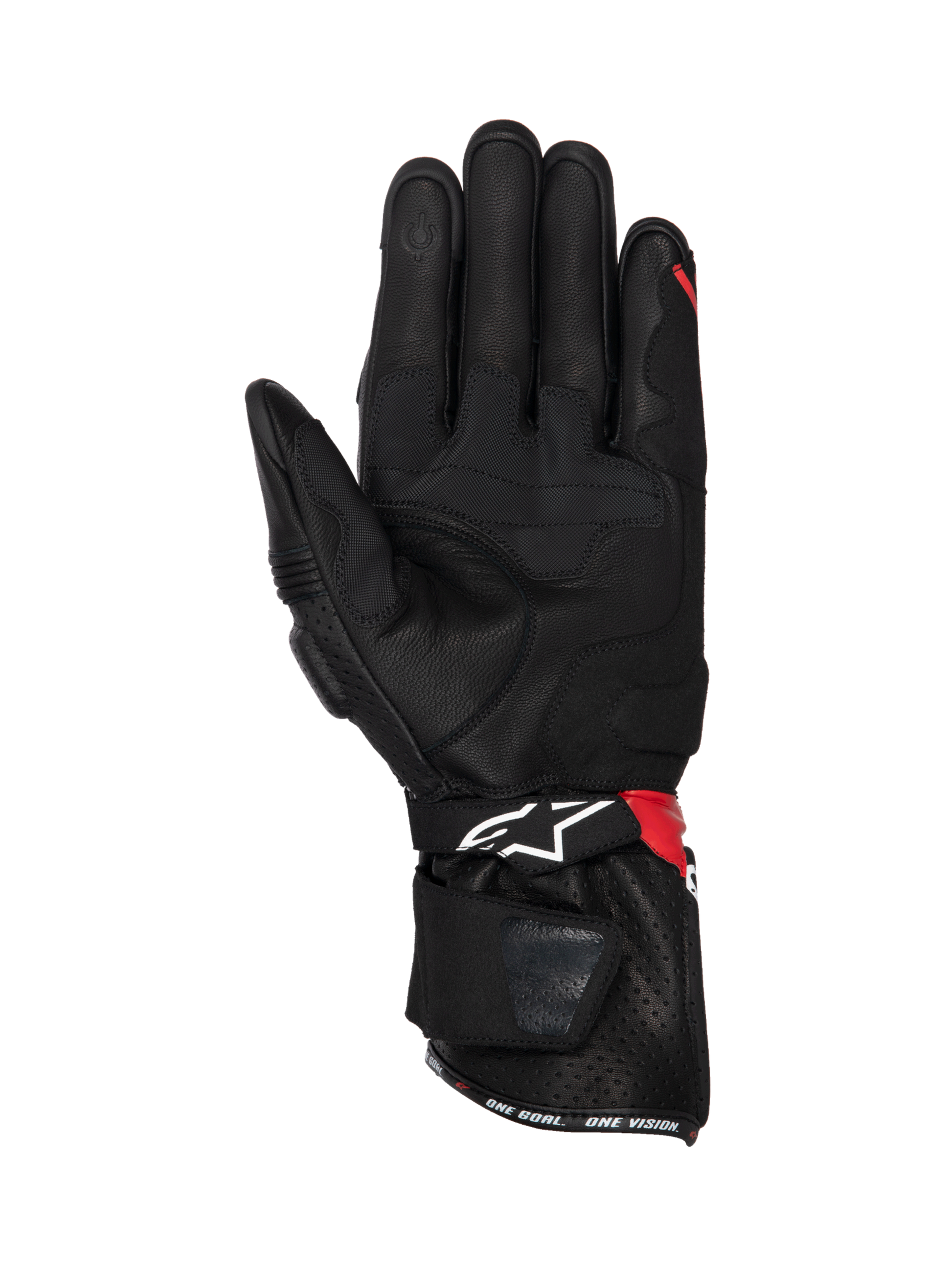 Alpinestars SP-3 Gloves, black leather motorcycle racing gloves with red and white accents, featuring palm grip inserts.