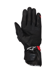 Alpinestars SP-3 Gloves, black leather motorcycle racing gloves with red and white accents, featuring palm grip inserts.