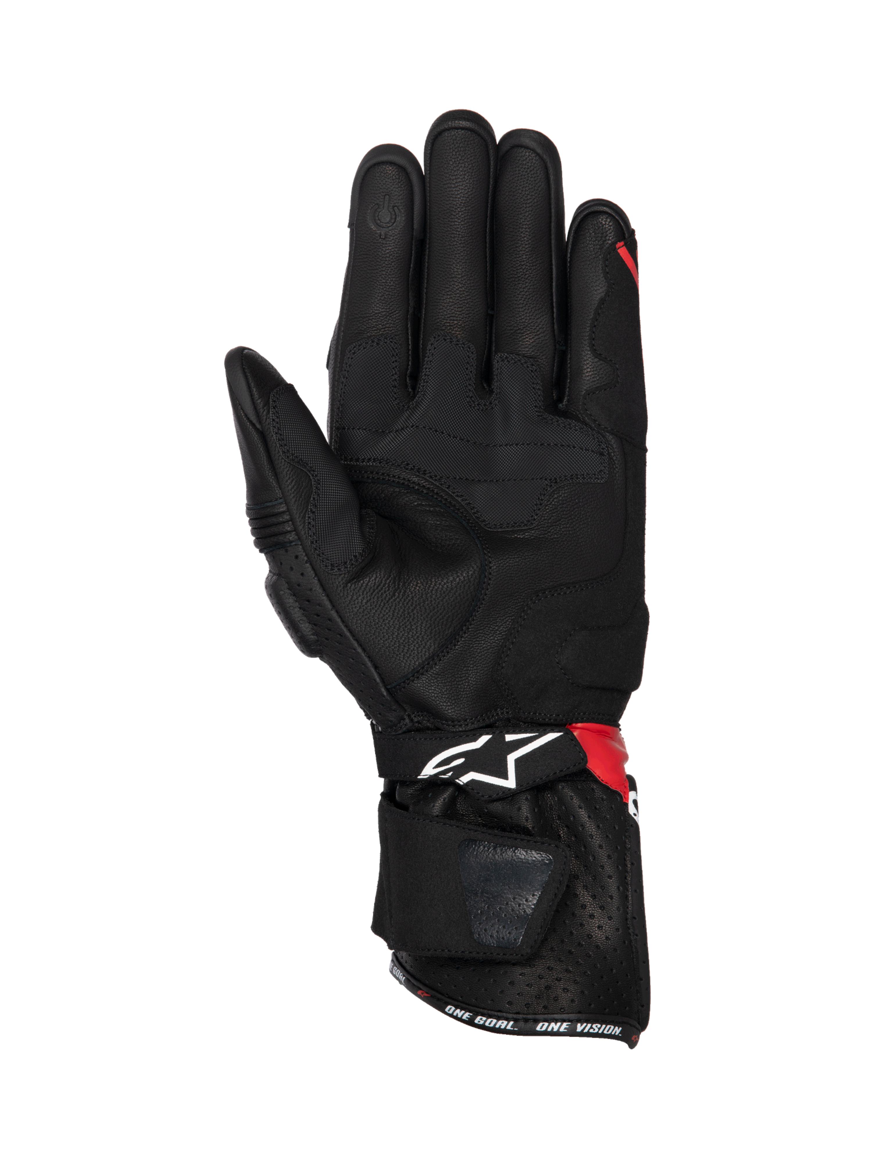 Alpinestars SP-3 Gloves, black leather motorcycle racing gloves with red and white accents, featuring palm grip inserts.