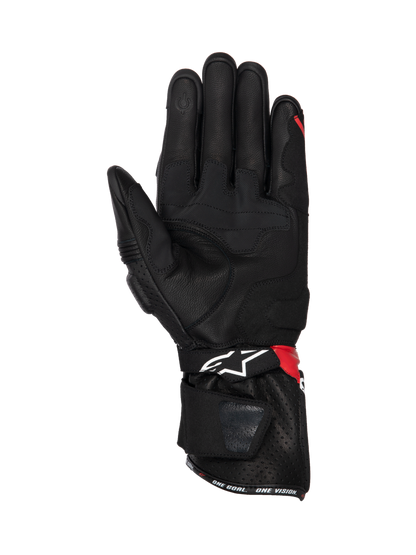 Alpinestars SP-3 Gloves, black leather motorcycle racing gloves with red and white accents, featuring palm grip inserts.