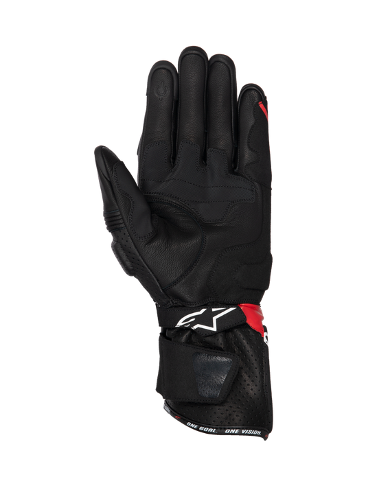 Alpinestars SP-3 Gloves, black leather motorcycle racing gloves with red and white accents, featuring palm grip inserts.