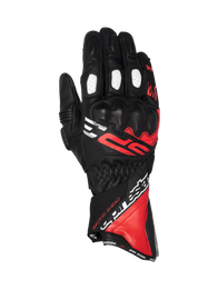 Alpinestars SP-3 Gloves, men's motorcycle racing gloves, black, red, and white leather, long cuff with knuckle protection.