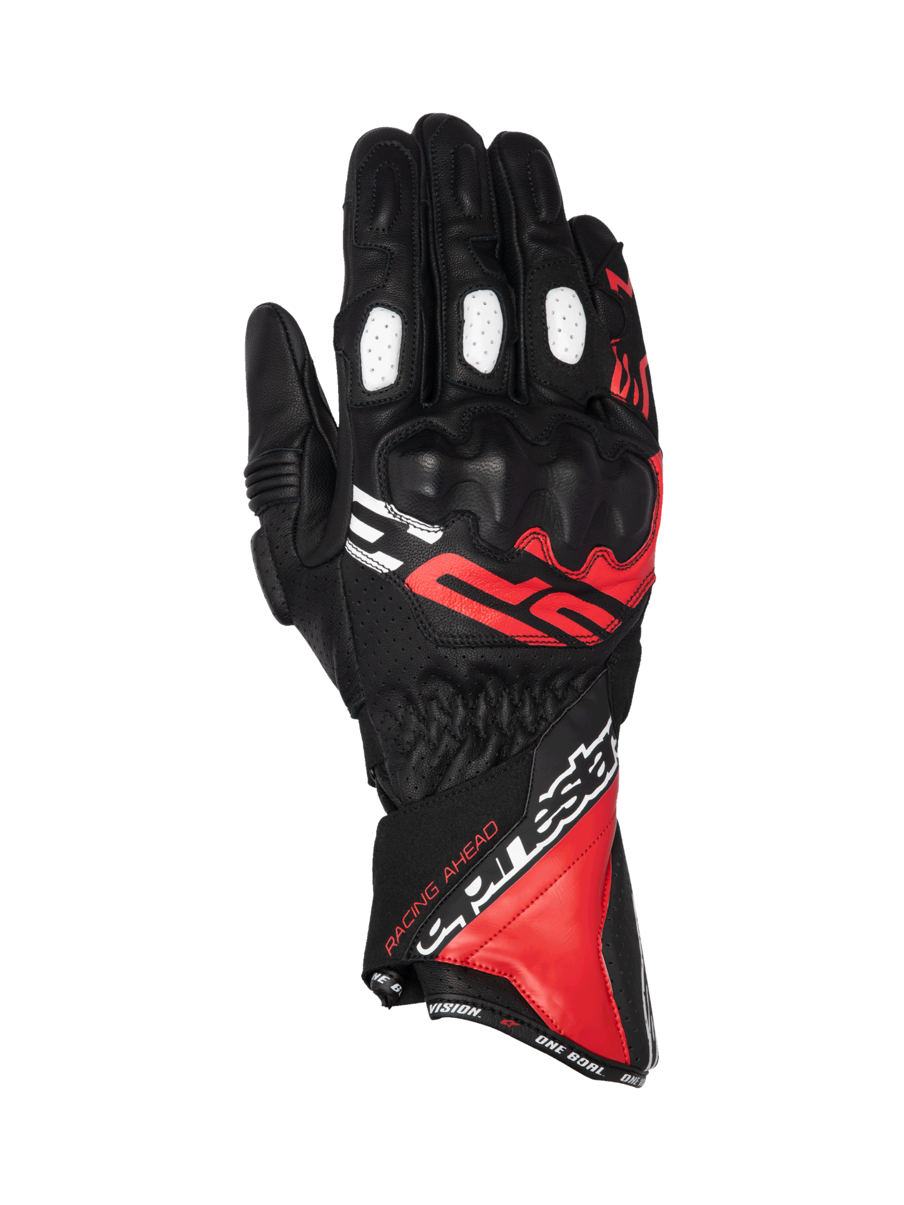 Alpinestars SP-3 Gloves, men's motorcycle racing gloves, black, red, and white leather, long cuff with knuckle protection.