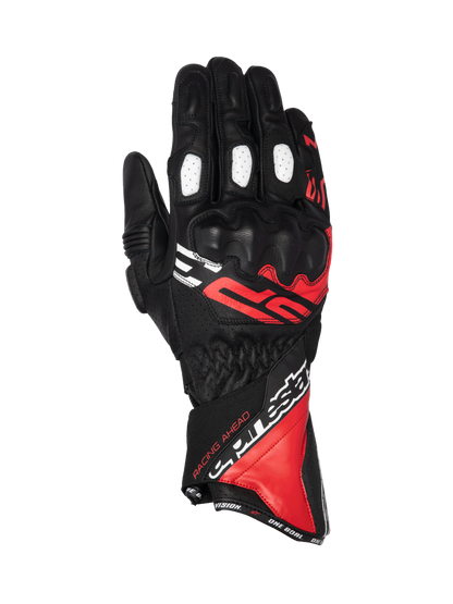 Alpinestars SP-3 Gloves, men's motorcycle racing gloves, black, red, and white leather, long cuff with knuckle protection.