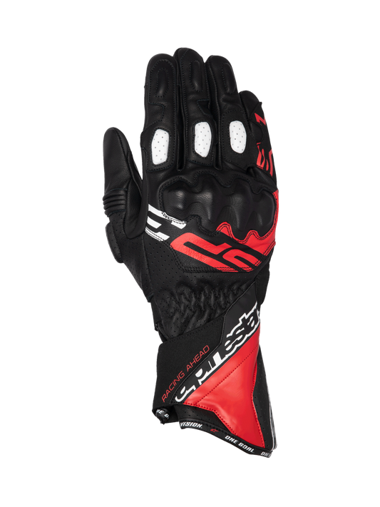 Alpinestars SP-3 Gloves, men's motorcycle racing gloves, black, red, and white leather, long cuff with knuckle protection.